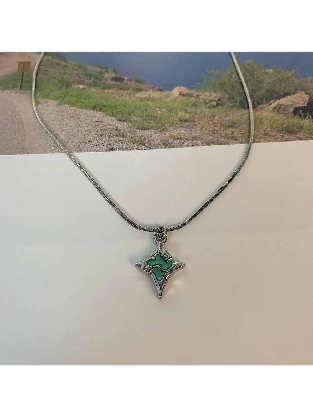 Y2K Cyber Melted Green Opal Star Silver Rope Chain Necklace Unisex